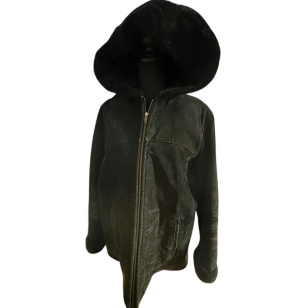 Wilsons Leather Parka Women Medium Black Suede Faux Fur Hooded Winter Jacket